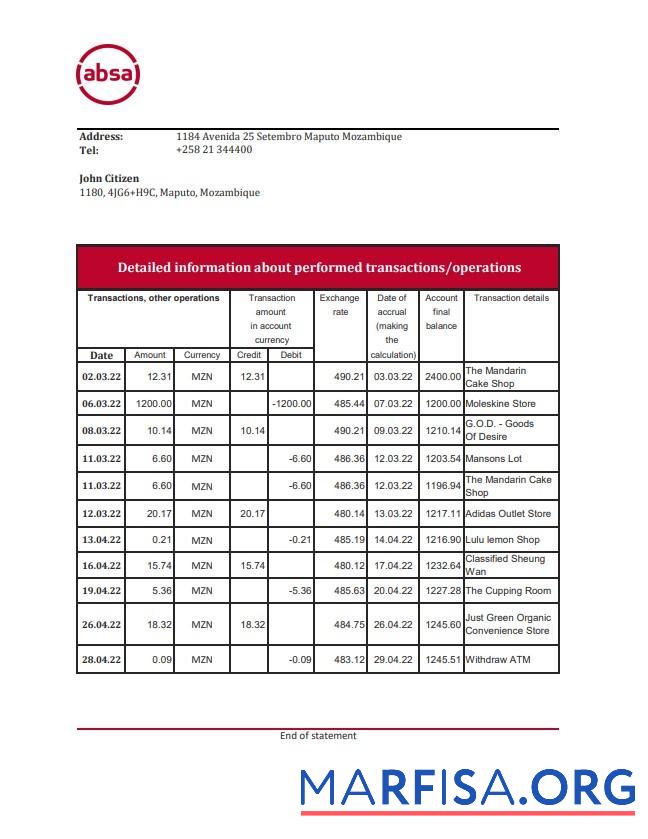 Realistic Mozambique ABSA bank statement excel download for verification